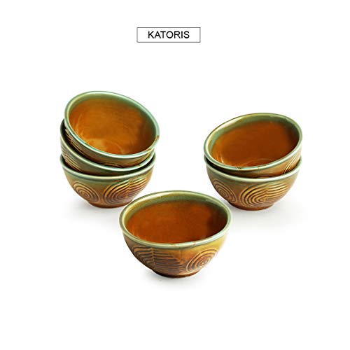 Image of ExclusiveLane 'Peacock Boulevard' Hand-Engraved Ceramic Bowl Dining Bowl Ceramic Katoris (Set of 6, 200 ML, Microwave Safe, Dishwasher Safe) - Ceramic Bowls For Kitchen Dinner Bowls Set