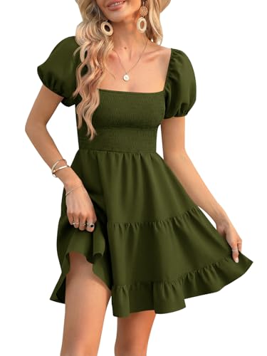 Image of Veatzaer Women's Puff Sleeve Square Neck Smocked Babydoll Dress Boho Floral Print Off Shoulder Ruffle Mini Short Dress