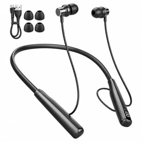 Auriculares Bluetooth Cuello 5.3 Deportivos, 80 h, USB-C, LED e IPX5, Negro | Sonido 3D, reducción de ruido, micrófono integrado, imanes antipérdida, LED y controles; para running, gym y uso diario.