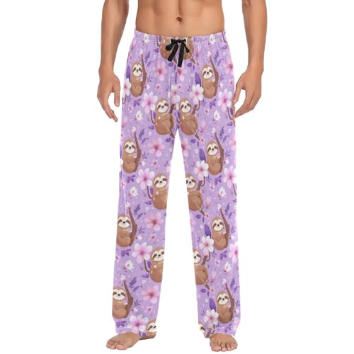 Men's Pajama Pants Purple Flowers Sloth Pajama Pants for Men PJs Bottoms Drawstring Pockets Sleep Lounge Pants S