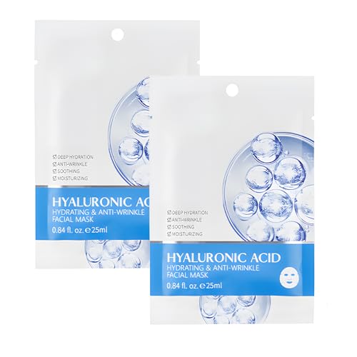 2-Pack Hyaluronic Acid Sheet Face Masks Skincare for All Skin Types, Deep Hydration Korean Face Mask, Moisturizing Facial Mask for Dryness and Lack of Moisture
