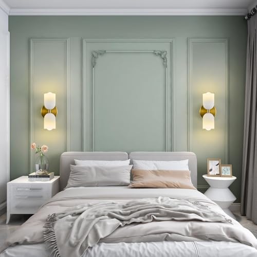 Image of Gold Wall Sconces Set of Two Modern LED Bedside Reading Wall Light Fixture with Glass Wall Lamp for Bedroom Living Room Dining Room Reading Room Hallway(2-Light)