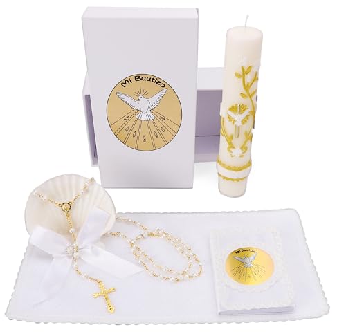 5 PCS Baptism Candle Set for Boys and Girls Baptism Kit Catholic Candle Shell Towel Rosary andBible for Baby Dedication Christening Gift Velas para Primera Comunin De Nio Bautizo De Nia