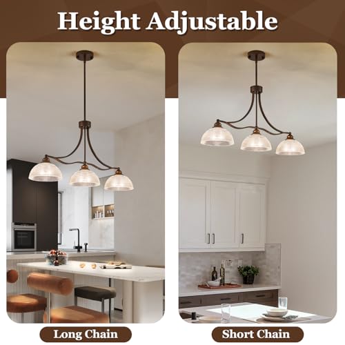 Image of 3-Light Oil Rubbed Bronze Pendant Light for Kitchen Island Antique Dome Hanging Light Fixture Brushed Bronze Dinner Room Light with Crystal Glass Adjustable Pendant Lamp for Bedroom Hallway Entryway
