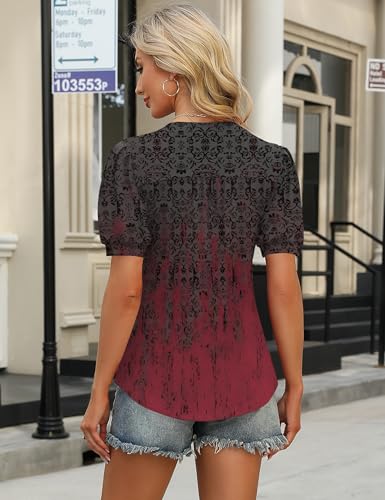 Image of IECCP Womens Tops Puff Short Sleeve Shirts Dressy Casual Henley V-Neck Summer Tops Pleated T-Shirts Loose Fit Tunic Blouses