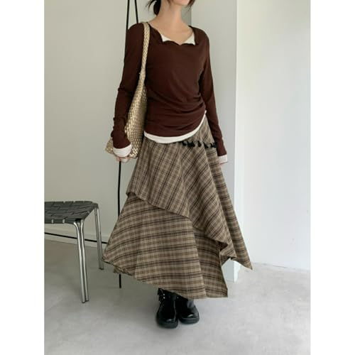 Khaki Plaid Skirt A Line Layered Patchwork Asymmetrical Vintage Fall Midi Trendy Elegant Streetwear Skirt4