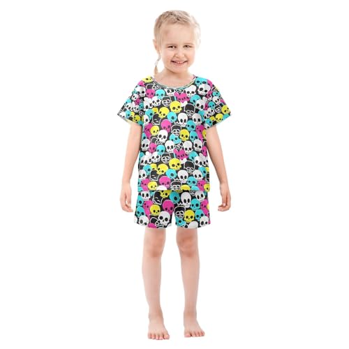 ALAZA Colorful Sugar Skull Pajamas Set Short Sleeve Cotton Sleepwear Summer Pjs 2 Piece 5-14Y3