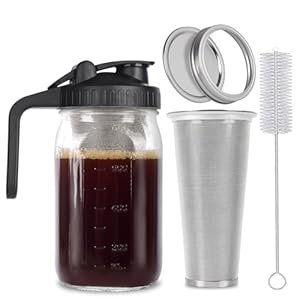 Cold Brew Mason Jar iced Coffee Maker, Durable Glass, 32 oz -1 Quart, With Handle& Stainless Steel Filter for Iced Brew Coffee, Lemonade, Ice Tea, Homemade Fruit Drinks Container
