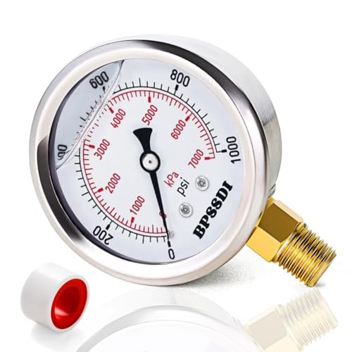 Image of 0-1000 Psi Glycerin Liquid Filled Hydraulic Pressure Gauge, 2.5 inch Dial Size, 1 /4 inch NPT Lower Mount, 304 Stainless Steel Case, for Water Oil Air Gas Pressure Test