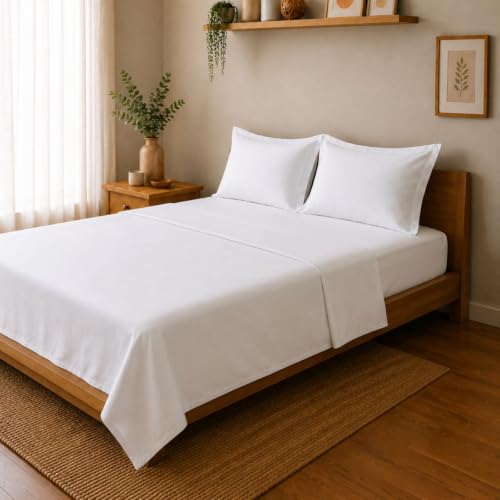 Image of Linen Home Cotton Percale Flat Bedsheet Set Queen Size White
