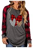 Picture of MHTOR Valentines Shirts Women Buffalo Plaid Love Heart Graphic Tees Letter Print Long Sleeve Tops Shirts(Small,Grey-07)