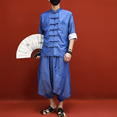 Men's Kung Fu Short Sleeve Shirt Tai Chi Uniform Chinese Martial Arts Clothes Wing Chun Tops Bottoms 2 Piece Outfit (Xl, 51-Peacock Blue) #TOP6