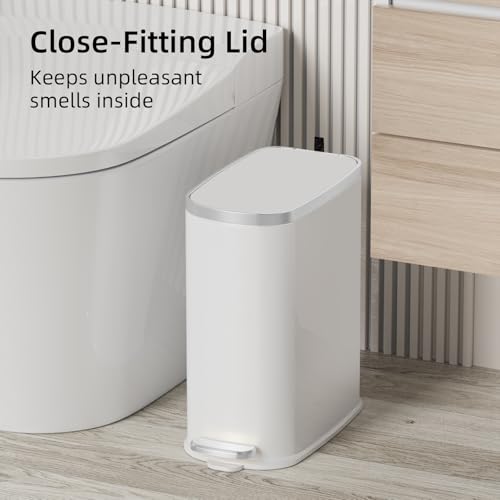 Image of KUK Slim Bathroom Trash Can with Lid Soft Close, Step Pedal, 2.6 Gal / 10L Stainless Steel Garbage Can with Removable Inner Bucket, Anti-Fingerprint Wastebasket for Office, Bedroom, Toilet (White)