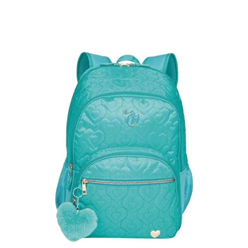 Mochila Capricho Crush Turquesa, Acolchoada com Estampa de Corações, Pompom Decorativo, Metalassê, com Bolso Lateral, Reforçada
