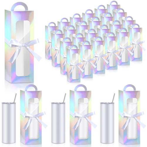 Ctosree 24 Pcs Tumbler Gift Box with Handle for 16-20 oz Clear Wine Glass Gift Box Sublimation Tumblers Heat Press Blanks Bottle for Christmas Wrapping Packaging(Holographic)