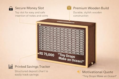 Image of Dr.MASHUR Wooden Money Saving Challenge Box with Printed Amount Board for Cash and Coin Collection, Reusable Saving Box for Kids and Adults (75k Money box-2pc, 2, Count)