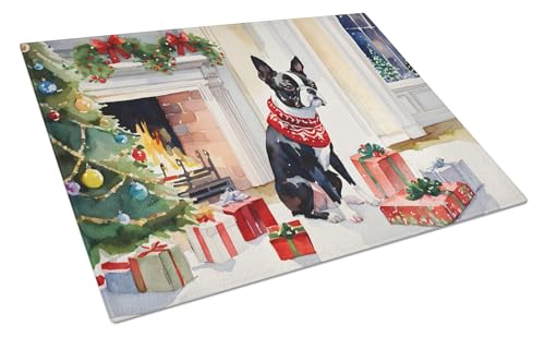 Caroline's Treasures DAC2618LCB Boston Terrier Cozy Christmas Glass Cutting Board Large Decorative Tempered Glass Kitchen Cutting and Serving Board Large Size Chopping Board