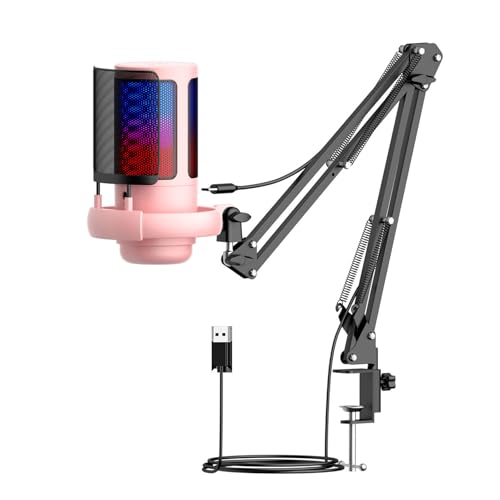 XUZHID Recording Mic,Gaming USB Microphone 30Hz~16kHz Frequency for PC with Boom Arm and LED Lighting for Immersive Streaming