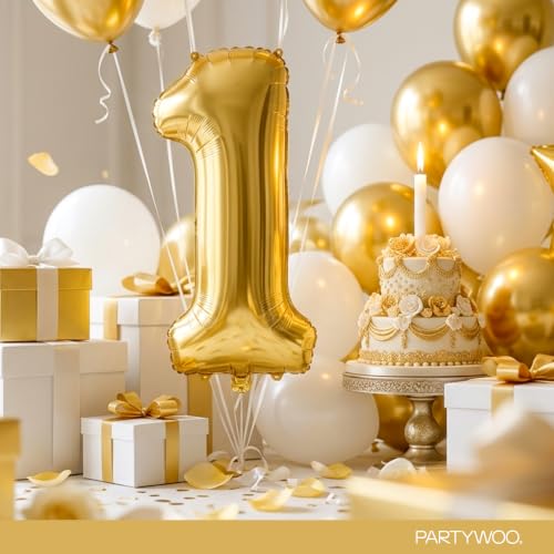 Image of PartyWoo Metallic Gold Number 1 Balloon 40 Inch 25pcs Gold Foil Star White