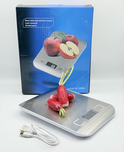 VIProduct Balance de cuisine électronique rechargeable 10kg avec précision de 1g, 4 unités, fonction tare, plateau inox et écran LCD rétroéclairé