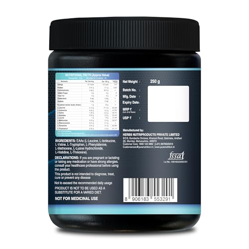 Image of Pure Nutrition EAA Supplement for Men and Women | EAAA Supplements for Muscle Growth, Recovery, Hydration, Endurance & Peak Performance | Intra Workout & Post Workout Amino Acid Support | Essential Amino Acids Powder with Leucine | Unflavoured EAA Powder Supplement for Active Lifestyle, Strength & Workout Energy Support - 250g (25 Servings)