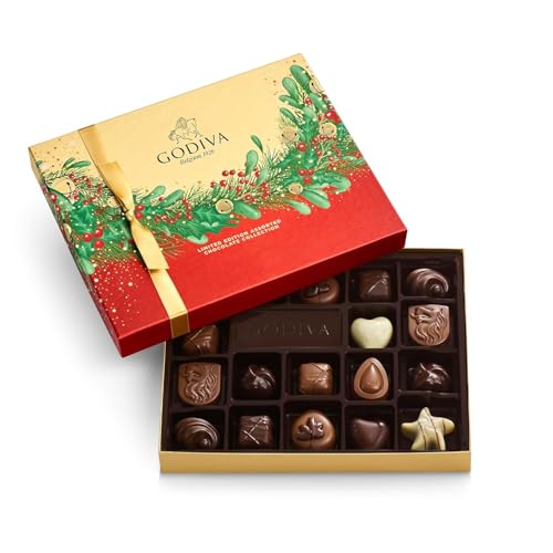 Godiva Chocolatier Holiday Limited Edition Assorted Gourmet Chocolate Gift Box, Milk Dark, and White Chocolate Treats for Thank you, Anniversary, Christmas Candy Gift for Family and Friends,18 pc