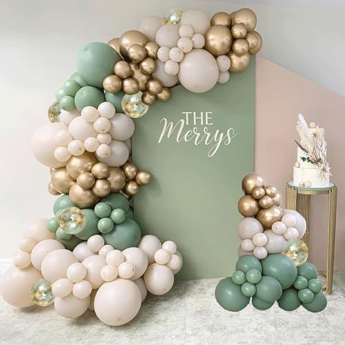Sage Green White Sand Balloon Arch Kit, Green Beige Gold Metallic Balloons Garland Kit with Gold Confetti Balloons for Birthday Wedding Baby Showr Bridal Shower Bachelorette Party Decorations…