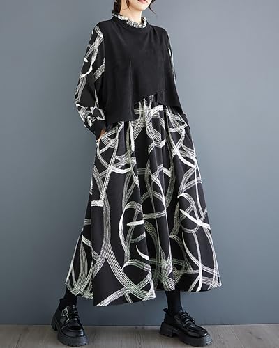 ellazhu Women's Dress Long Sleeve High Neck Random Strings Patchwork Black and White Pockets Loose GZ306 A2