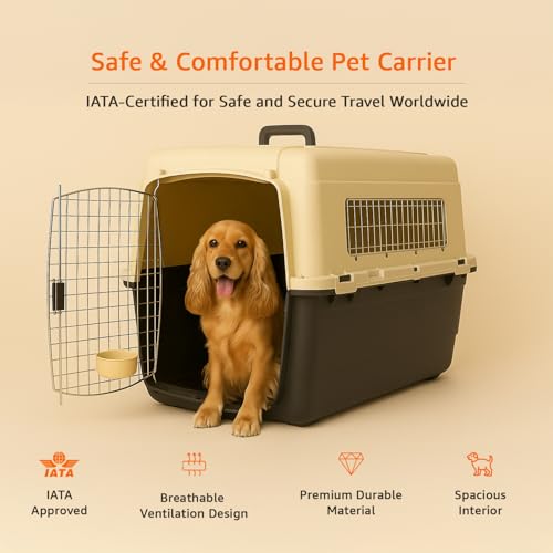 Image of Amazon Basics Heavy Duty Pet Airline Carrier | IATA Approved Medium Pet Carrier | Travel Pet Kennel | Suitable for Medium Size Dogs | Breathable & Washable | 32 Inches