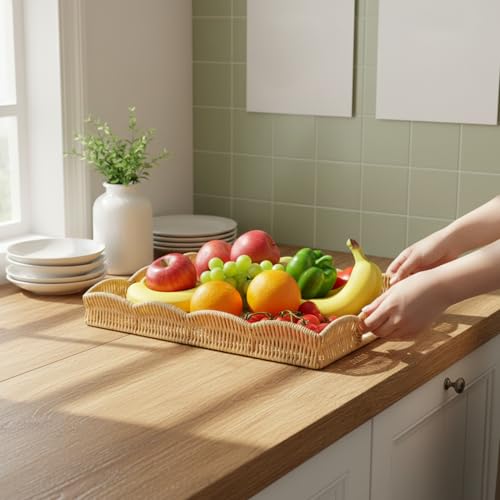 Bandeja de ratán rectangular de 15x11x2 pulgadas con asas para servir comida en casa 6