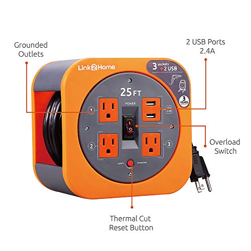 Link2Home Cord Reel 25 Ft. Extension Cord 4 Power Outlets, 2 Usb Ports, 2.4A Fast Charge – 16 Awg Sjt Cable. #TOP3