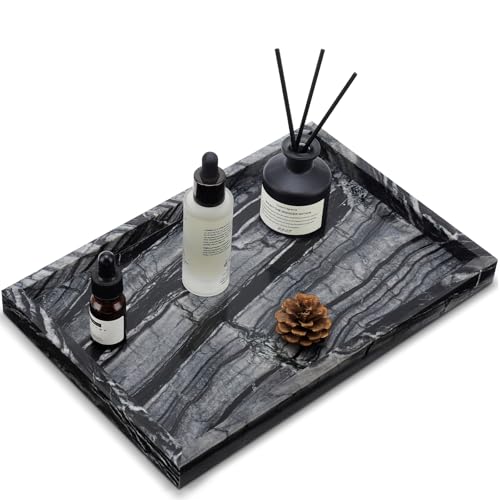 Image of Real Natural Marble Tray for Bathroom, Vanity, Kitchen and Desktop, Rectangle Genuine Marble Stone Tray for Jewelry, Cosmetics, Candles, Lotion, Perfume (Wood Grain, 12 inch x 8 inch x 1.2 inch)