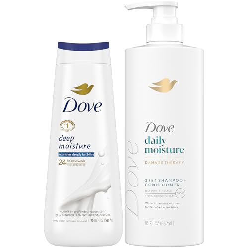 Dove 2-in-1 Shampoo & Conditioner, Daily Moisture Deep Moisture Body Wash – Deep Hydration for Revitalizing Dry Hair and Skin (2 Piece Set)