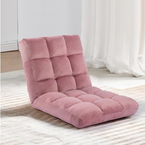HOMYEDAMIC Floor Chair, 24 inches Wide Oversized Velvet Armless Lay Flat Floor seat Padded Meditation Chair with 6 Adjustable Position Ergonomic Comfortable Convenient(LRSF-008-PINK)