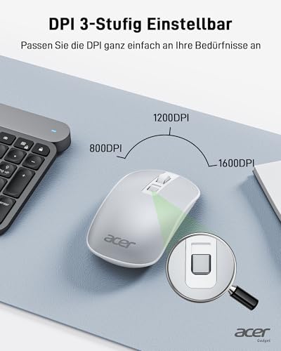 acer Ultradünne Maus Kabellose, Tragbare 2,4 GHz Funkmaus, Wireless Mouse mit 800/1200/1600 einstellbare DPI, 4 Tasten Kabellos Computermaus, Maus Kabellos Laptop, Dell XPS, ASUS, Surface-Silber