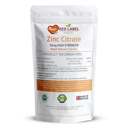 Red Label Health Zinc Citrate High Strength 50mg 365 Vegan Tablets 1 Year Supply High Absorption zinc Supplements for Men & Women Immune System, Fertility, Bones, Vision, Skin, and Nail