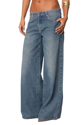 Women's Vintage Loose Fit Wide Leg Jeans Bow Print Back Mid Rise Distressed Trendy Straight Leg Denim Pants