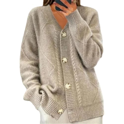 Womens Textured Knitted Coat V-Neck Long Sleeve Single Breasted Cardigan Loose Fit Casual Button Down Sweater Tops