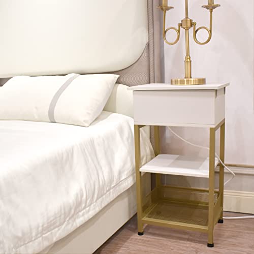 Szlhanjz Modern Nightstand, White Nightstand With Charging Station, Slide Top Bed Side Table With Storage Drawer, 3 Tier Wood & Metal Narrow End Table For Home Apartment Dorm, Gold + White #TOP2