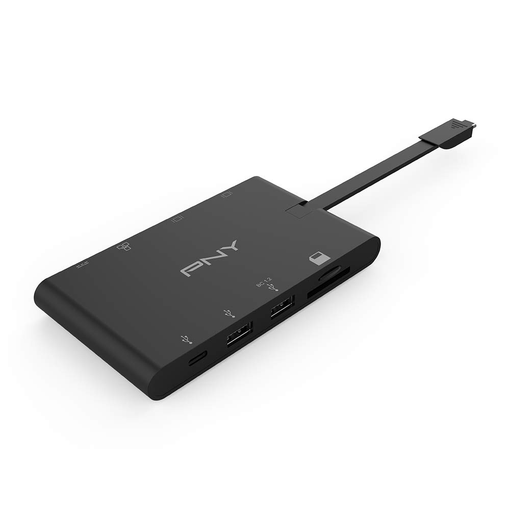 PNY 9 w 1 Mini Przenośny Hub Zasilający USB-C z Wbudowanym Kablem dla Urządzeń Kompatybilnych - 2 Porty USB-C, 2 Porty USB-A 3.1, HDMI, VGA, Gniazda SD/microSD