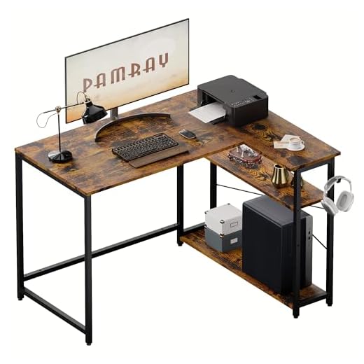 Pamray 43 Inch L Shaped Computer Desk with Reversible Side Storage Shelves, Small Corner Desk for Small Space Home Office,Writing Study Table PC Desk for Bedroom,Vintage
