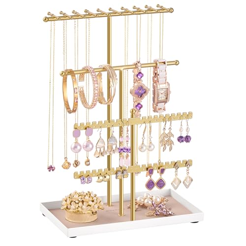 SONGMICS Schmuckständer Schmuckhalter Metallrahmen Schmucktablett Samt Schmuckaufbewahrung für Halsketten Armbänder Ohrringe Ohrstecker Ringe Geschenkidee blassgold JJS036AB01