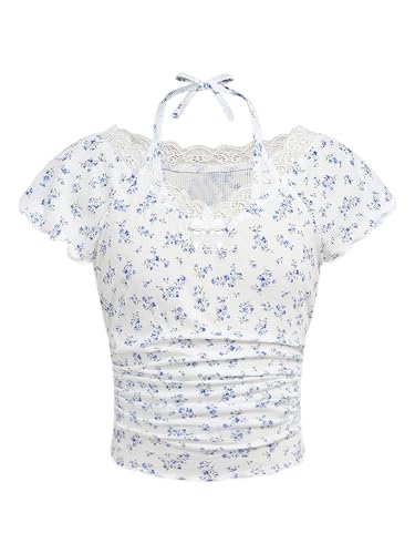 OYOANGLE Girl's Ditsy Floral Print Ruched Short Sleeve Tee Shirt Lace Trim Slim Fitted Halter Top