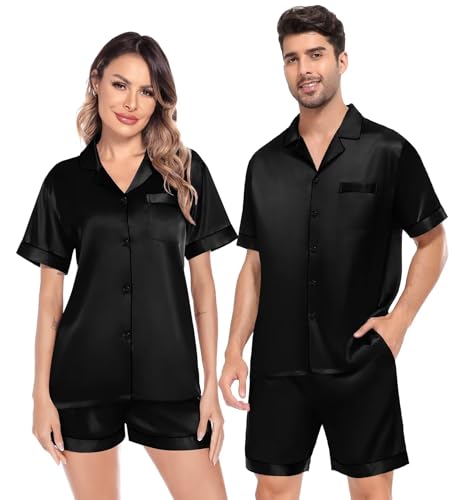 Image of SWOMOG Satin Matching Pajamas Sets Couple Silk Button Down Nightwear Women & Men Short Sleeve Sleepwear 2 Pieces Loungewear