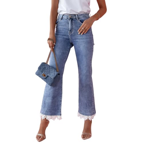 Womens Ankle Flare Jeans High Waist Lace Trim Bell Bottom Stretchy Ankle Jeans Wide Leg Short Denim Flare Pants