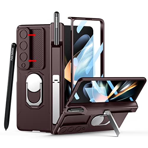 Libeagle Compatible with Samsung Galaxy Z Fold 4 Case [Heavy Duty Protective][Camera Lens Cover][S Pen Holder & Hinge Protection][Screen Protector][Safe to Hold with Ring]Rugged Stand 5G 2022-Wine Red