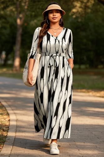 Image of Runwind Plus Size Dress for Women - 3 /4 Sleeve V Neck Maxi Dresses for Women (XL-6XL)
