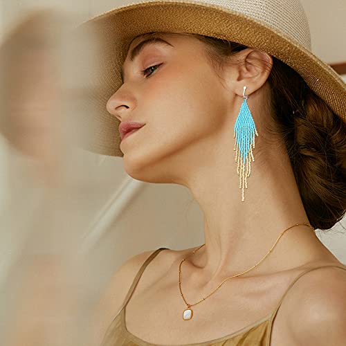 Subiceto Tassel Beaded Earrings Clip On For Women Long Dangle Beaded Earrings Bohemia Colorful Bead Handmade Beaded Tassel Earrings Non Pierced Blue #TOP2