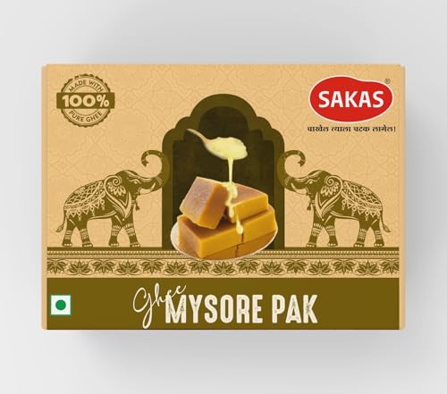 Image of SAKAS Mysore Pak 200g | Pure Ghee Soft Melt-in-Mouth Mysore Pak | Traditional South Indian Mithai | No Added Preservatives | Fresh Hygienic Sweet Gift Pack | Since 1993 | 60 Days Shelf Life