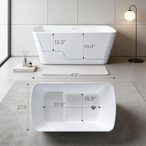 Image of GarveeHome 49'' Freestanding Bathtub, Acrylic. Deep Soaking Stand Alone Tub, Bath Easy to Install for Bathroom Renovation, Comfortable Small Space Tub with Chrome Overflow and Drain, White